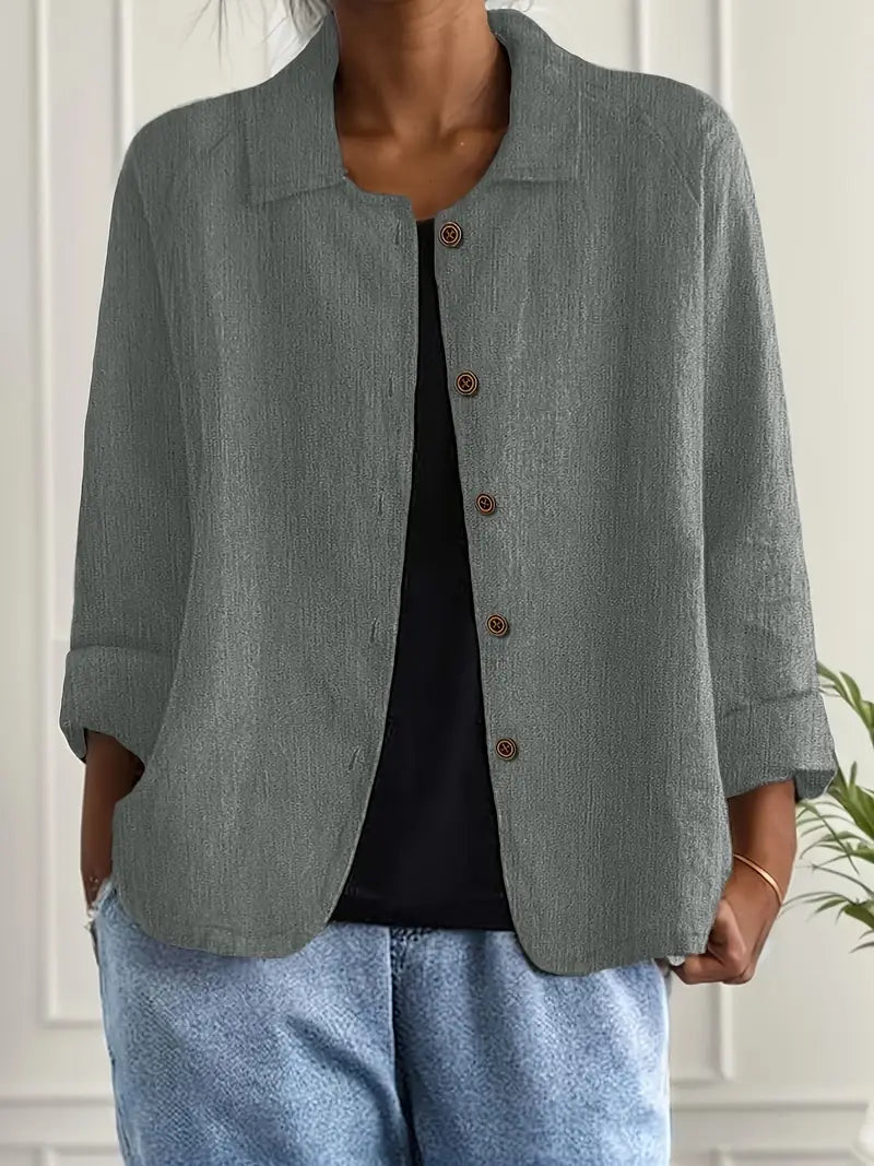 Amélie Rousseau | Sky Breeze Button Linen Jacket with Relaxed Elegance For Women