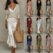 Harper Collins | Satin Maxi Skirt & Knit Sweater Set For Women