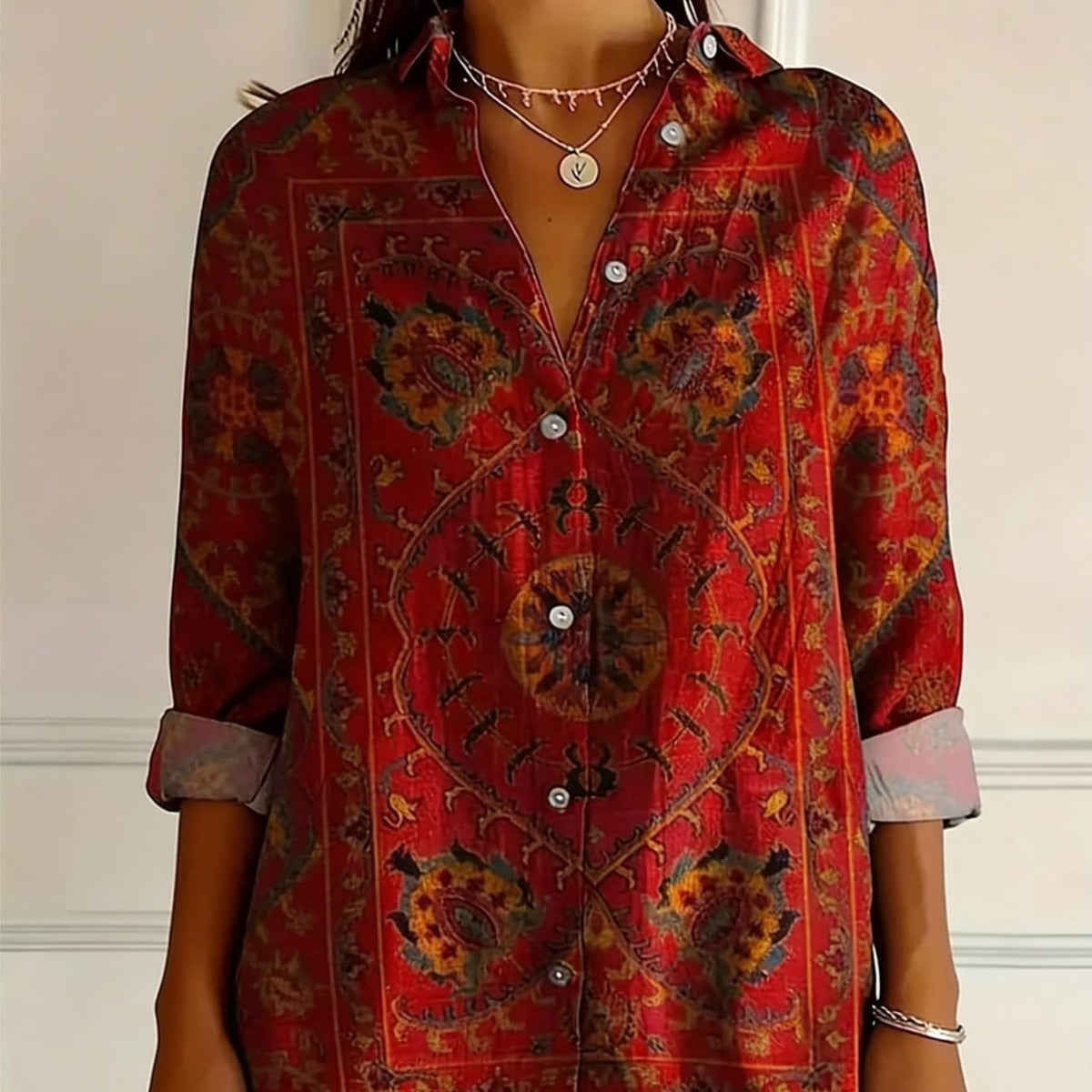 Brunella Swinford | Red Retro Print Button-Up Shirt For Women
