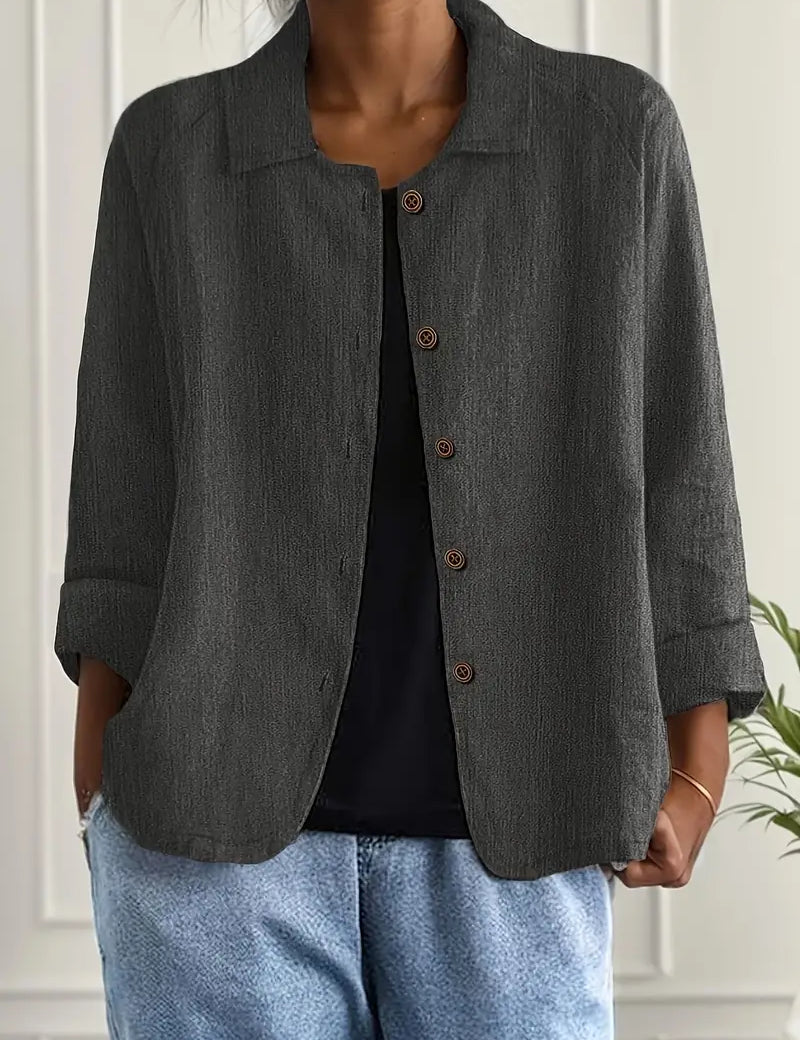 Amélie Rousseau | Sky Breeze Button Linen Jacket with Relaxed Elegance For Women