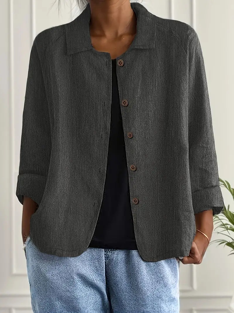 Amélie Rousseau | Sky Breeze Button Linen Jacket with Relaxed Elegance For Women