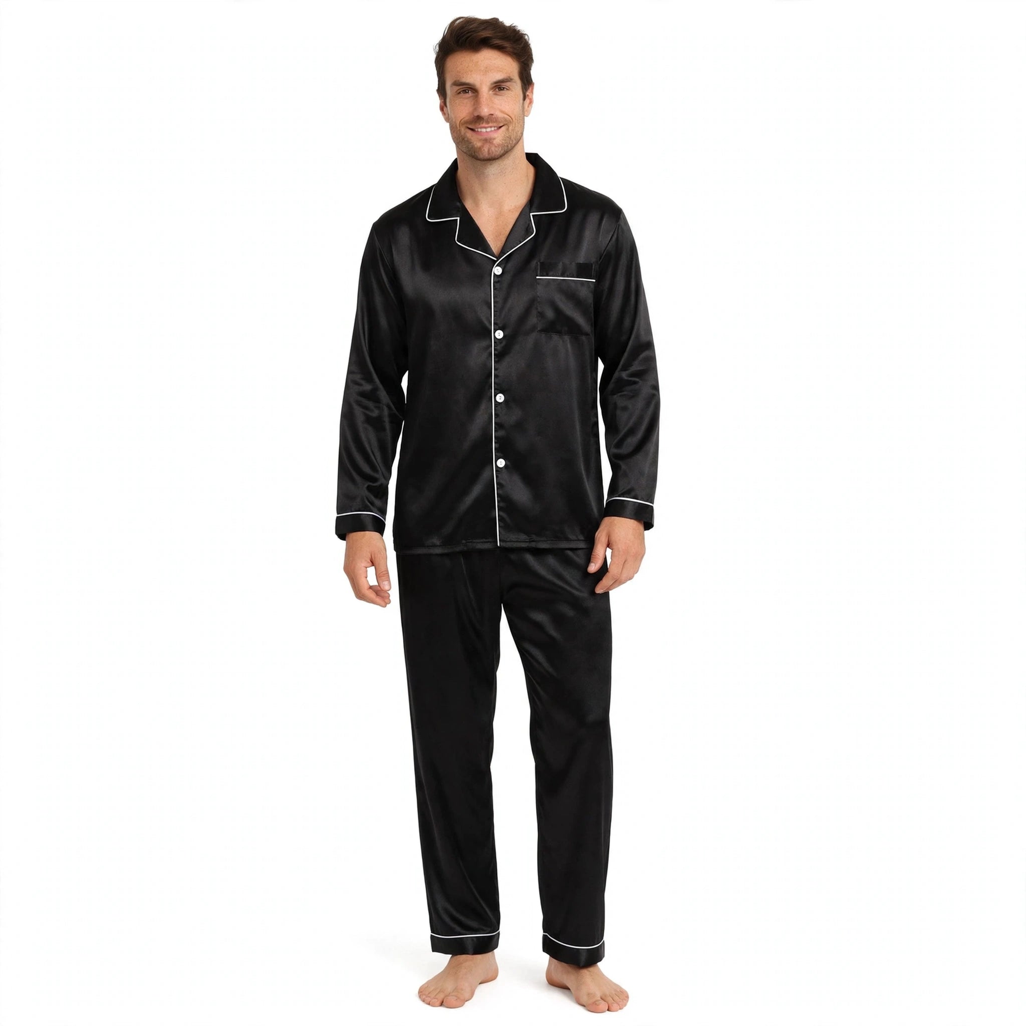 Tommaso Belcombe | Satin-Look Piped Long Sleeve Pyjama Set For Men