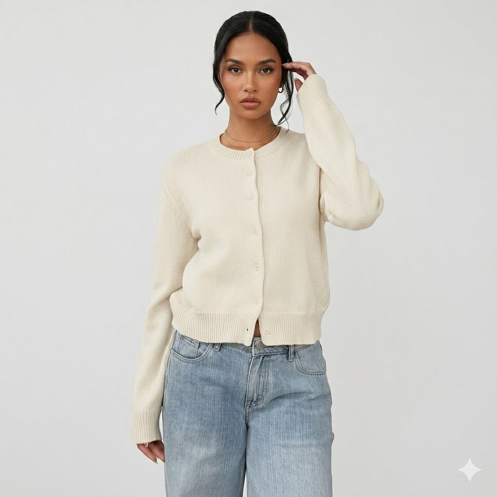 Elena Moretti | Minimalist Cropped Knit Cardigan For Women