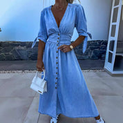 Lia Dalmore | Light Blue Button Front Denim Maxi Dress For Women
