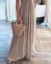 Charlotte Ainsley | Beige Pleated Halter Maxi Dress For Women