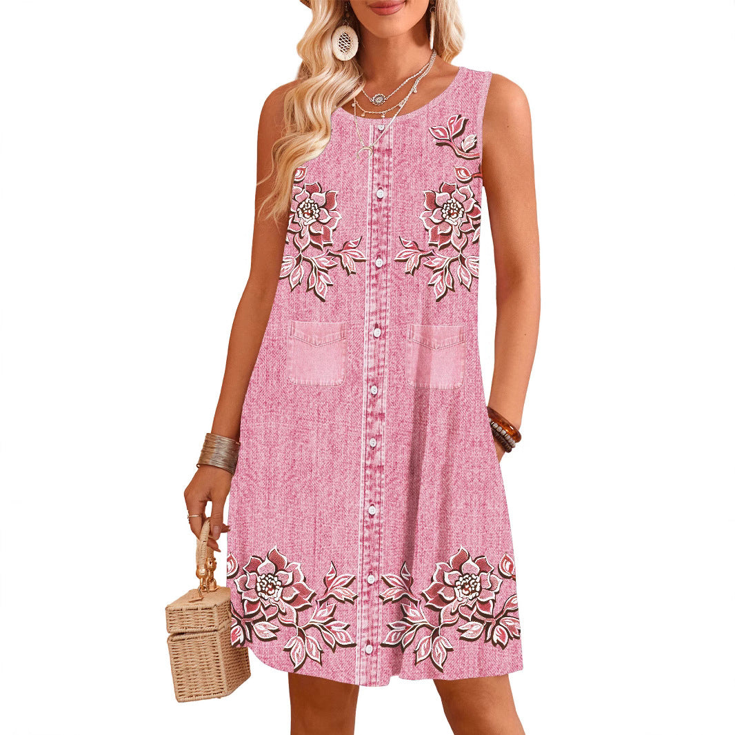 Scarlett Barnes | Denim Floral Print Midi Dress For Women