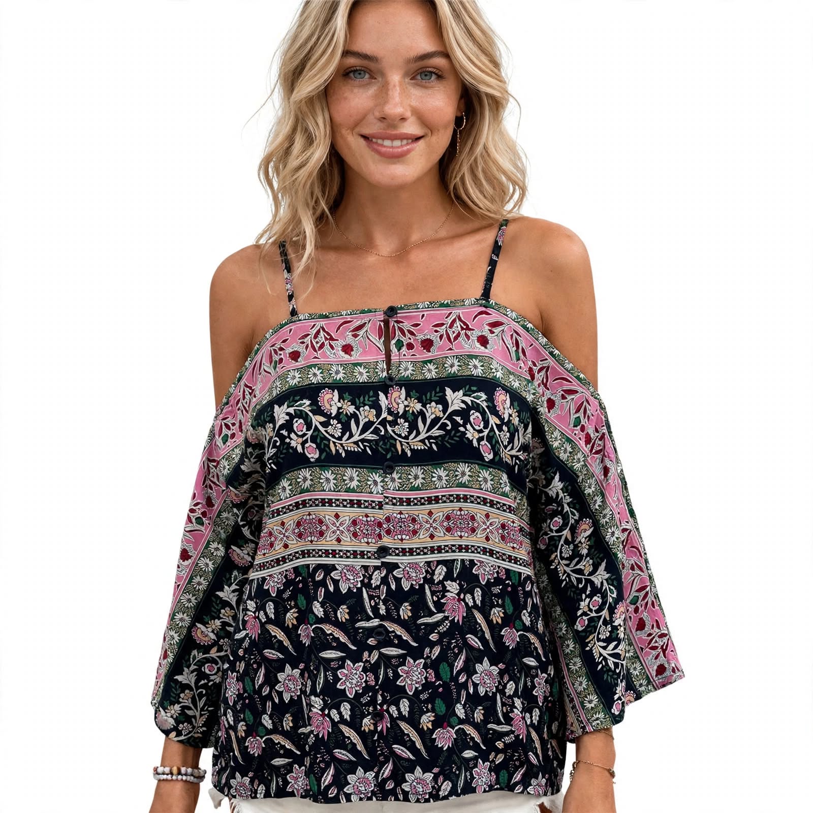 NO CJ | Georgia Fitzpatrick | Bohemian Cold-Shoulder Blouse With Bell Sleeves For Women