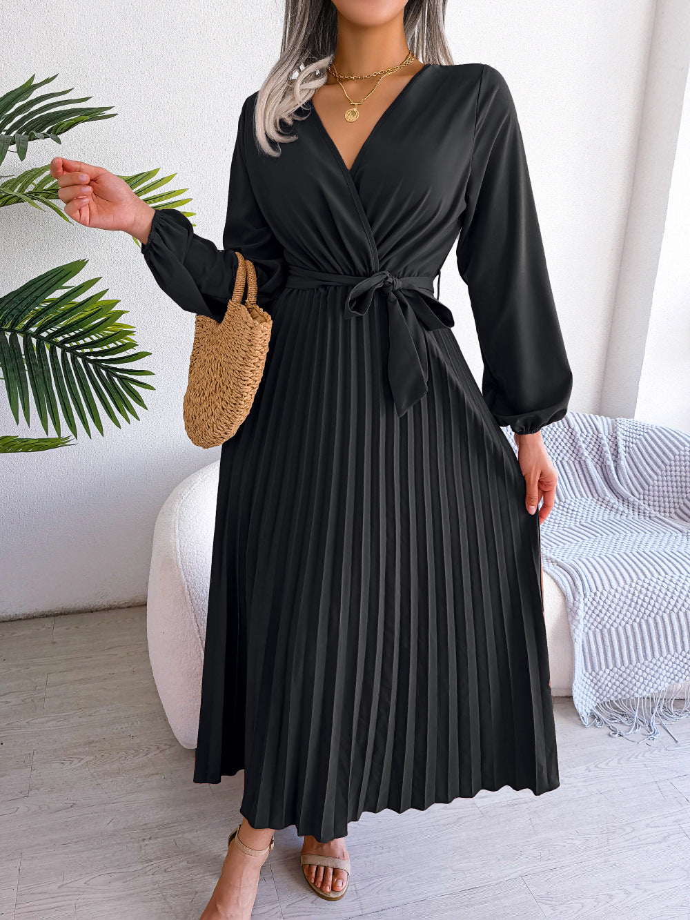 Manuela Salbrook | Wrap V-Neck Pleated Chiffon Maxi Dress For Women