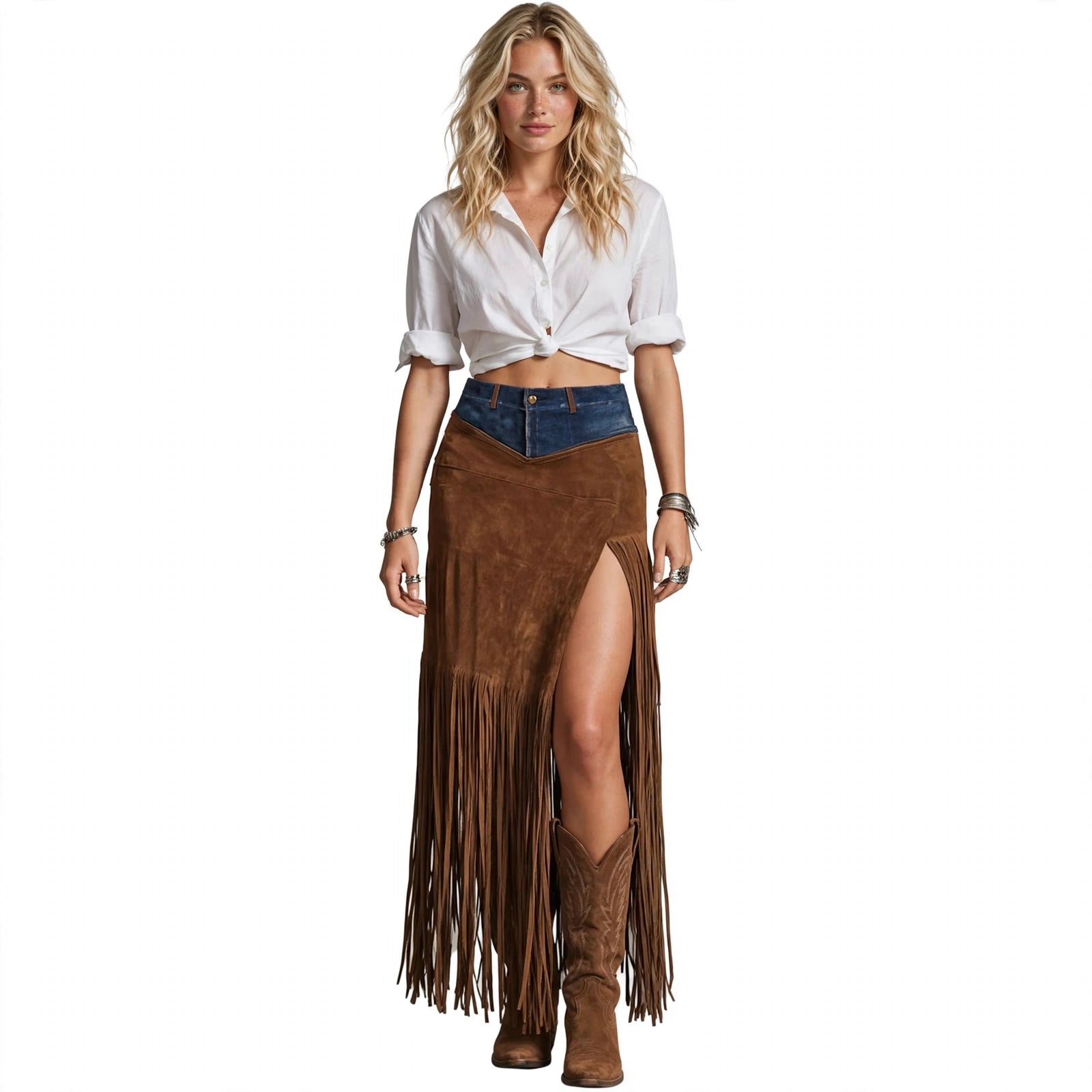 Nina Ashwood | Denim-Waist Suede Fringe Maxi Skirt For Women