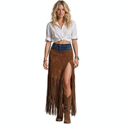 Nina Ashwood | Denim-Waist Suede Fringe Maxi Skirt For Women