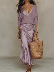 Harper Collins | Satin Maxi Skirt & Knit Sweater Set For Women