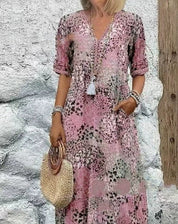Tea Ostbridge | Mosaic Print V-Neck Pocket Midi Dress For Women