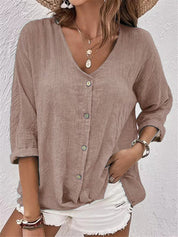 Raissa Loxstone | V-Neck Button Front Linen-Look Blouse For Women