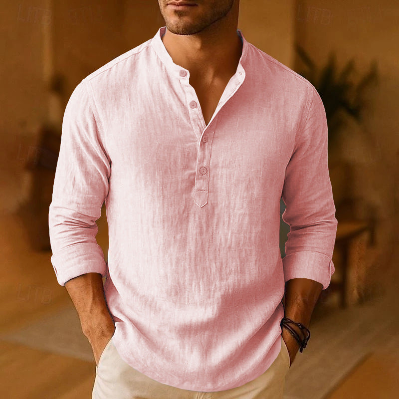 Nico Glenhurst | Sky Blue Linen Look Band Collar Shirt For Men