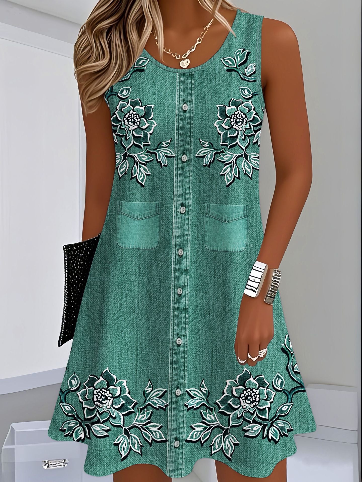 Scarlett Barnes | Denim Floral Print Midi Dress For Women