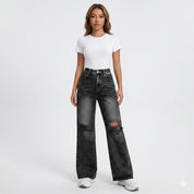 Camille Rousseau | Washed Black Wide Leg Ripped Jeans For Women