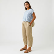 Luca Bianchi | Relaxed Linen Blend Cropped Trousers with Rolled Hem For Women