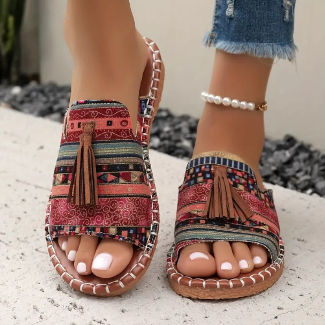 Naomi Kirkland | Woven Boho Sandals With Tassel Detail For Women