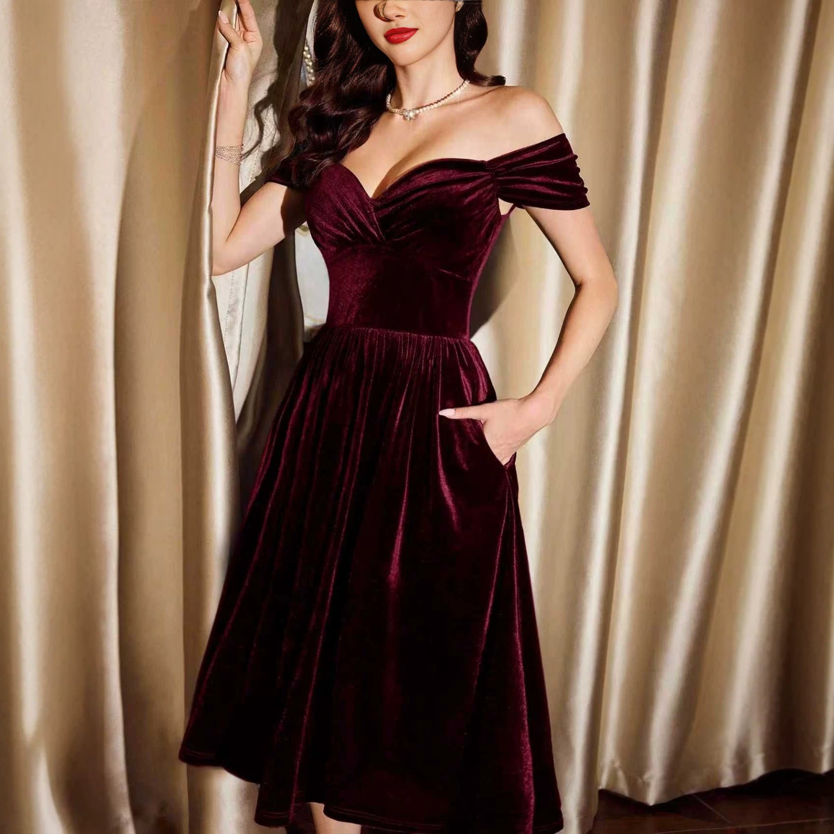 Greer Elmham | Wine Red Velvet Off Shoulder Cocktail Dress For Women