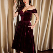 Greer Elmham | Wine Red Velvet Off Shoulder Cocktail Dress For Women