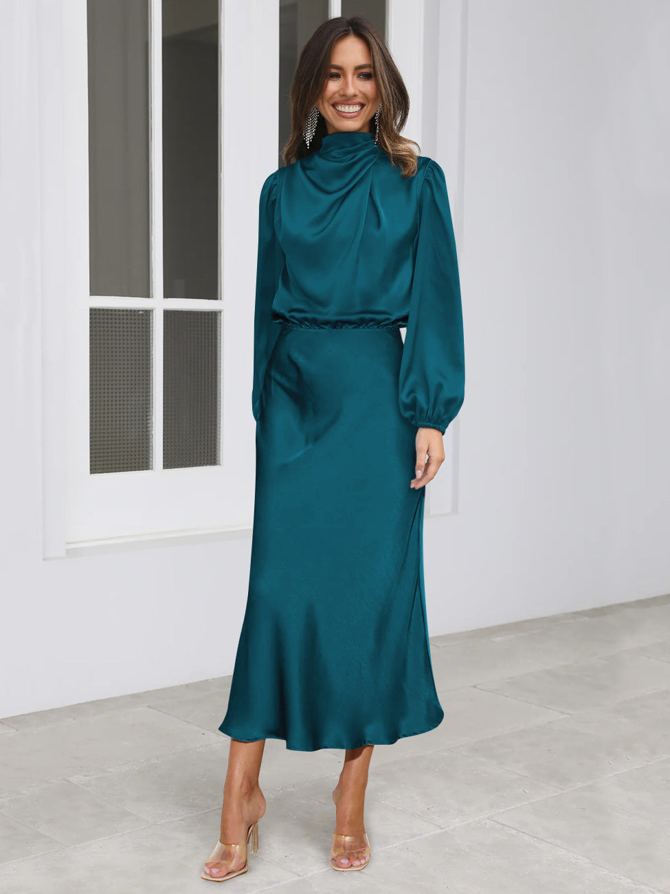 Ruby Anderson | Satin High-Neck Midi Dress For Women