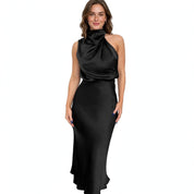 Diletta Ostmore | Draped Halter Neck Satin-Look Maxi Dress For Women