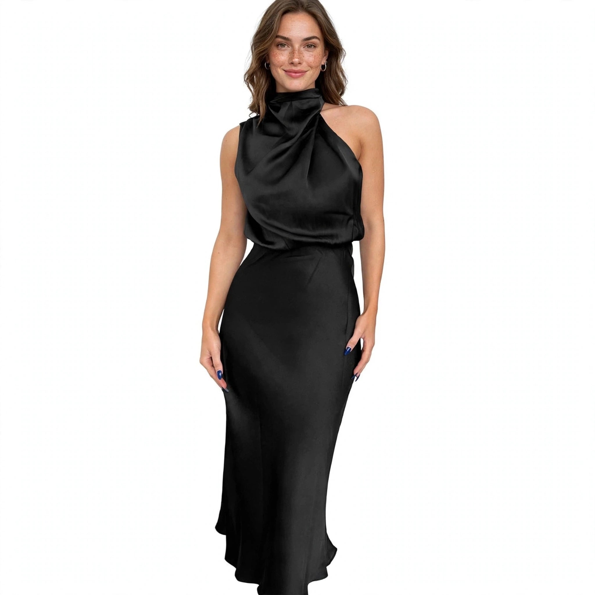 Diletta Ostmore | Draped Halter Neck Satin-Look Maxi Dress For Women