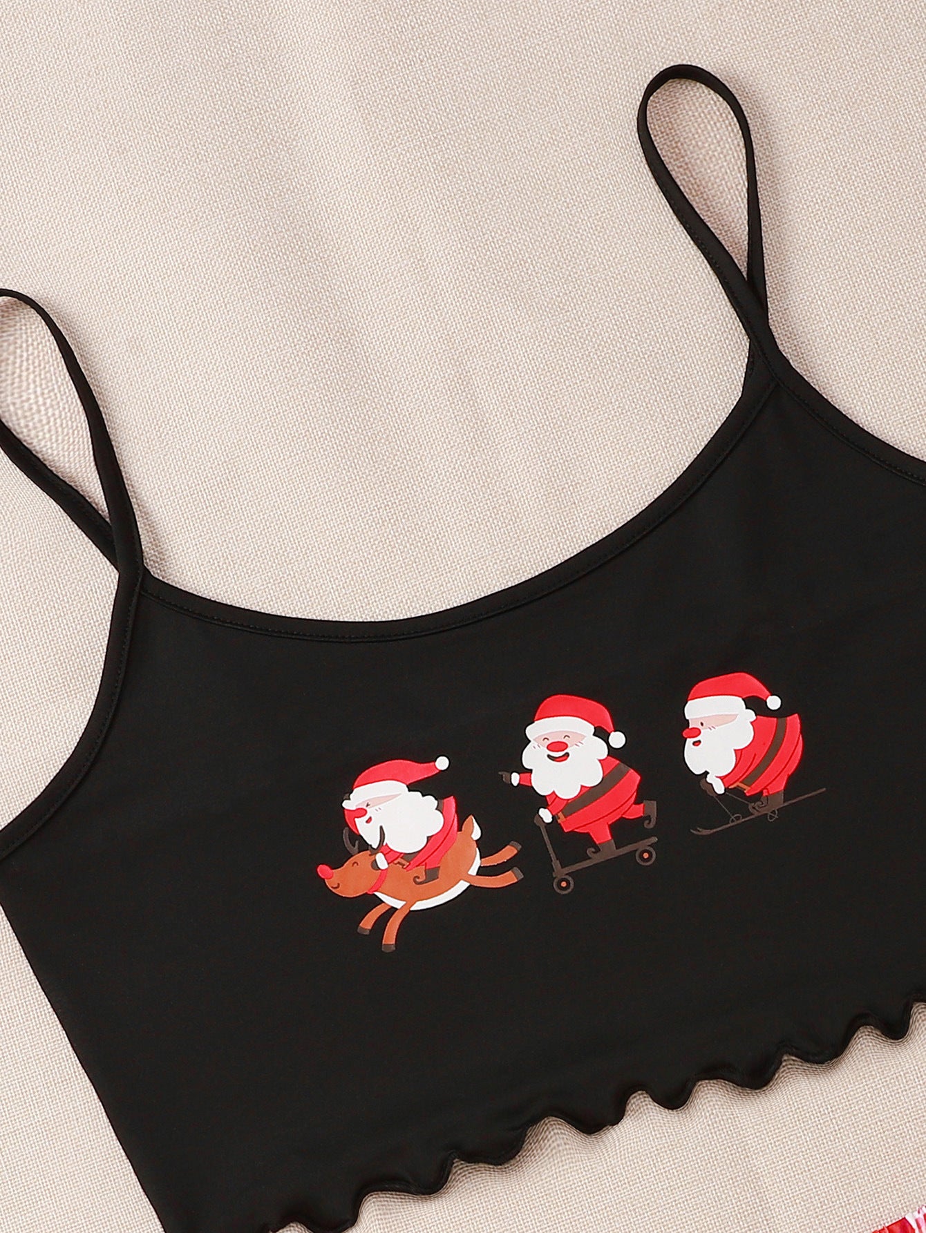 Winter Berry | Black Cami Green Santa Christmas Pyjamas For Women