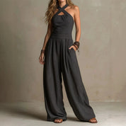 Cecilia Kelcombe | Charcoal Cross Halter Wide-Leg Jumpsuit For Women