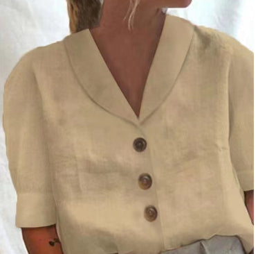 Ines Corholt | Linen-Look Shawl Collar Button Front Top For Women