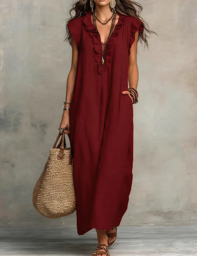 Mia Wilson | Bohemian Ruffle V-Neck Maxi Dress For Women