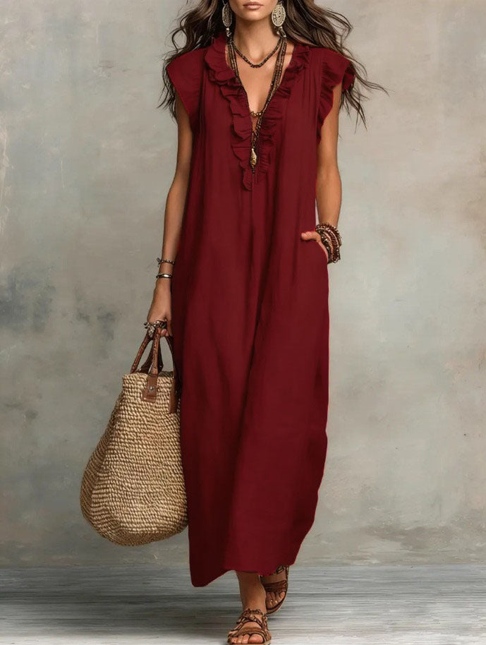 Mia Wilson | Bohemian Ruffle V-Neck Maxi Dress For Women