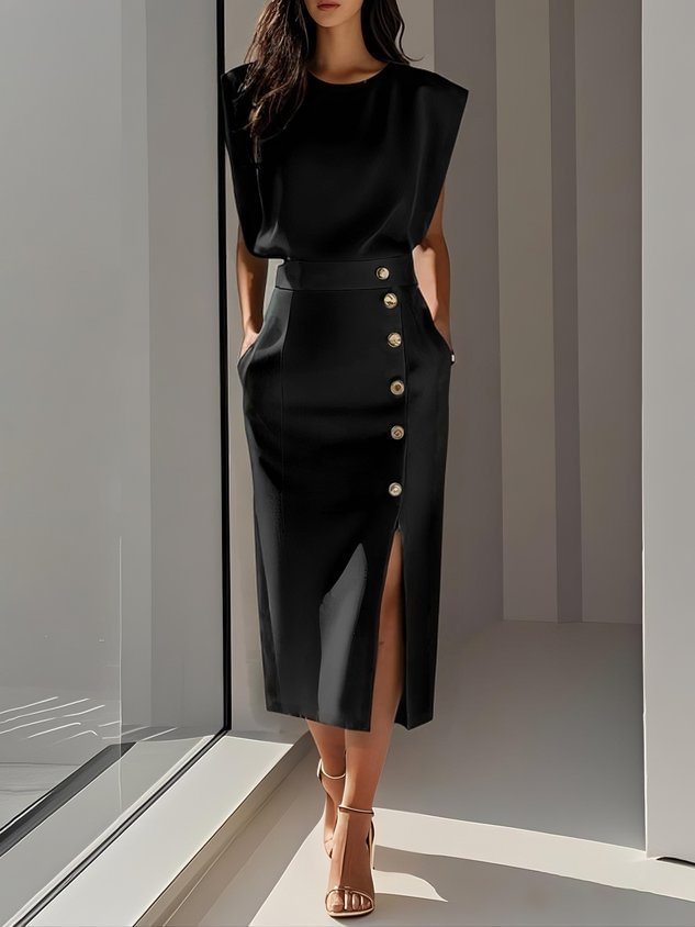 Rita Estton | Button Slit Sleeveless Midi Dress For Women