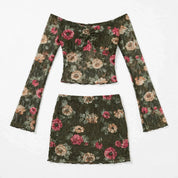 Ella Rushworth | Green Floral Off-Shoulder Skirt Set For Women