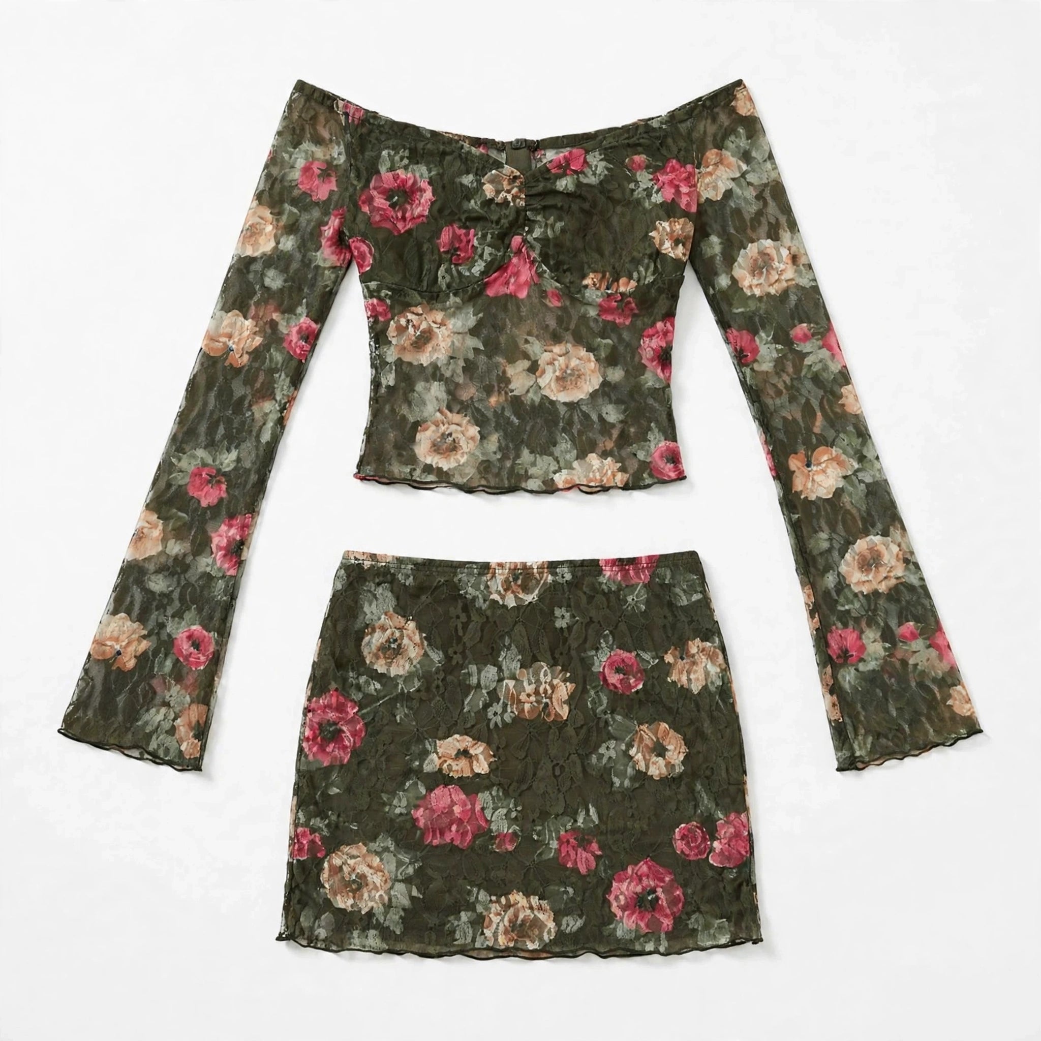 Ella Rushworth | Green Floral Off-Shoulder Skirt Set For Women