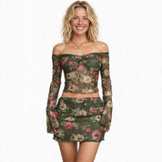 Ella Rushworth | Green Floral Off-Shoulder Skirt Set For Women
