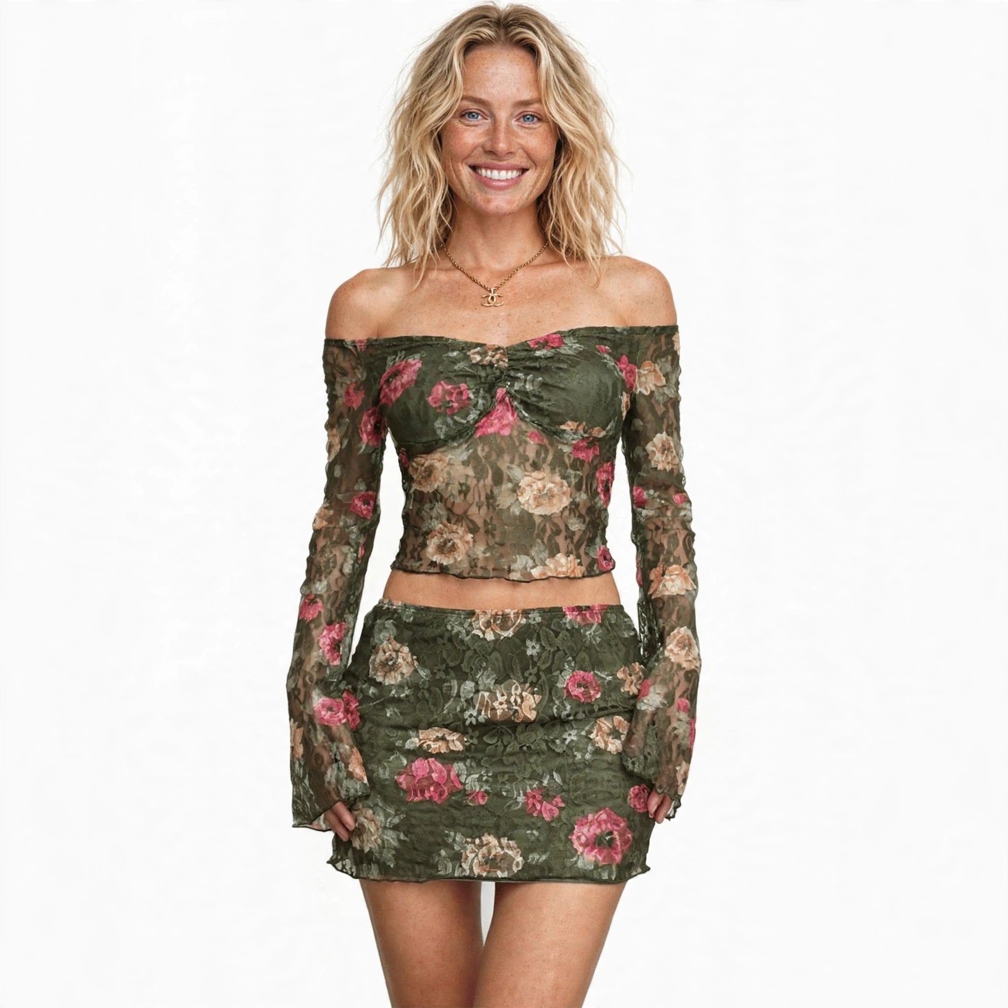 Ella Rushworth | Green Floral Off-Shoulder Skirt Set For Women
