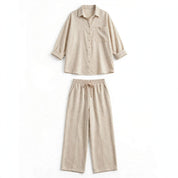 Ava Thornley | Beige Linen Look Shirt And Pants Set For Women