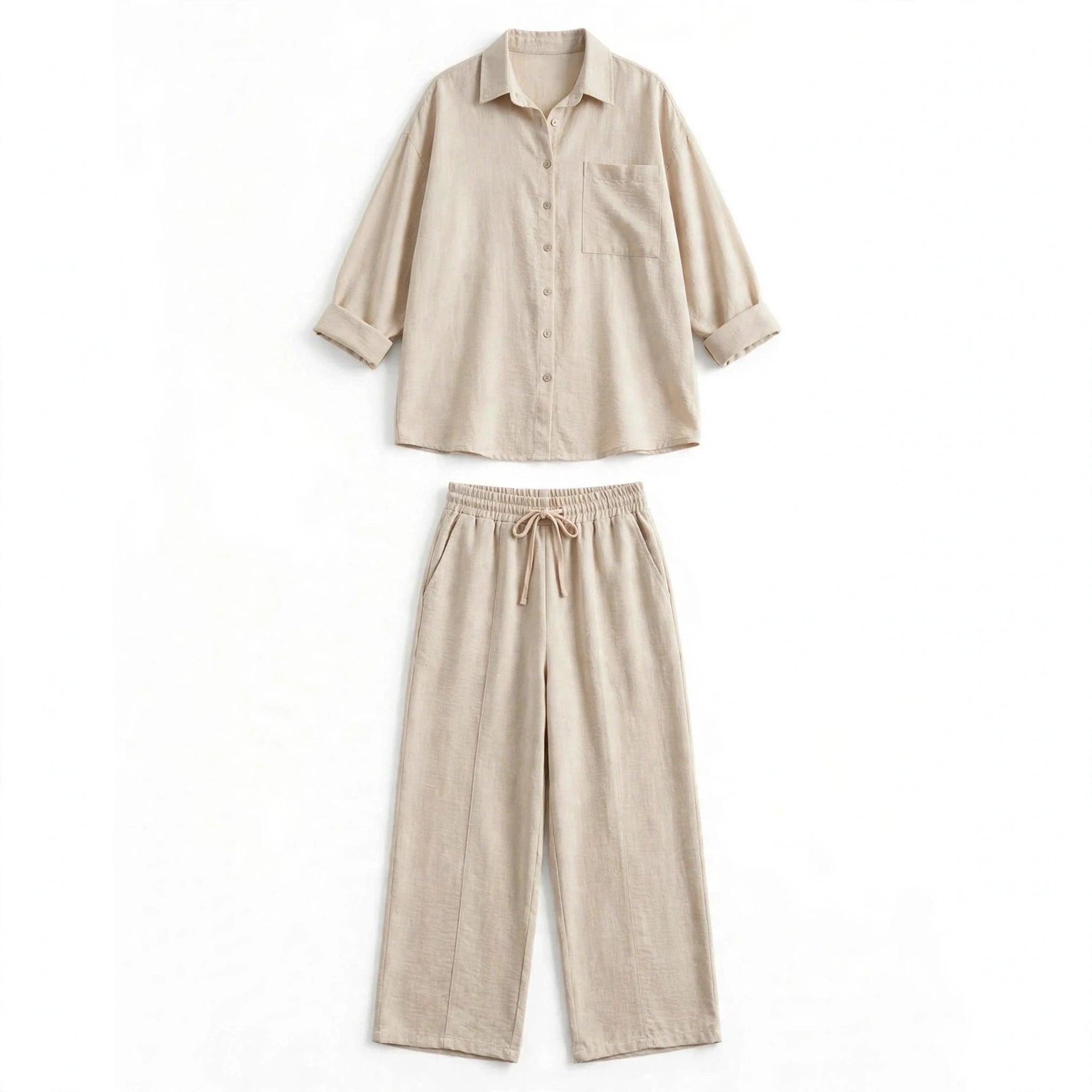 Ava Thornley | Beige Linen Look Shirt And Pants Set For Women