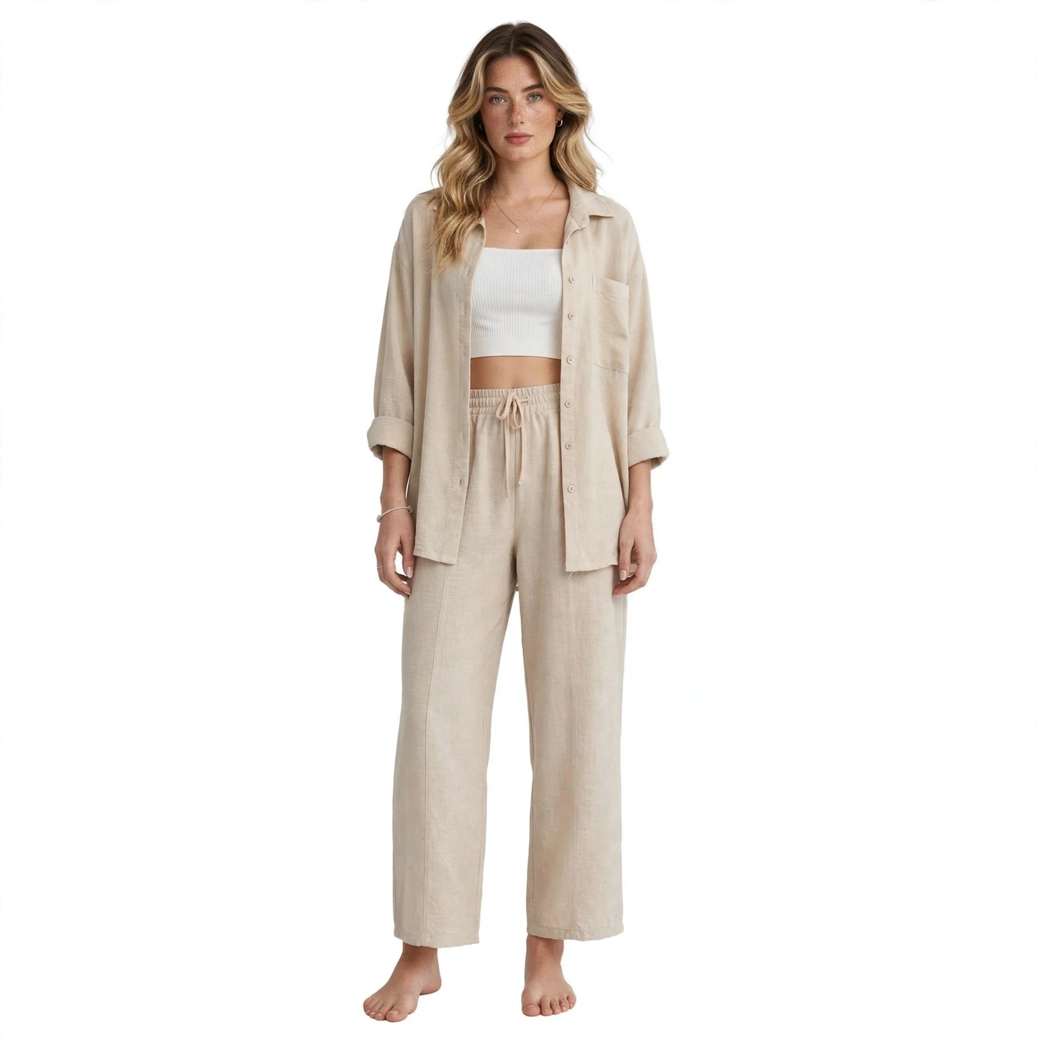 Ava Thornley | Beige Linen Look Shirt And Pants Set For Women