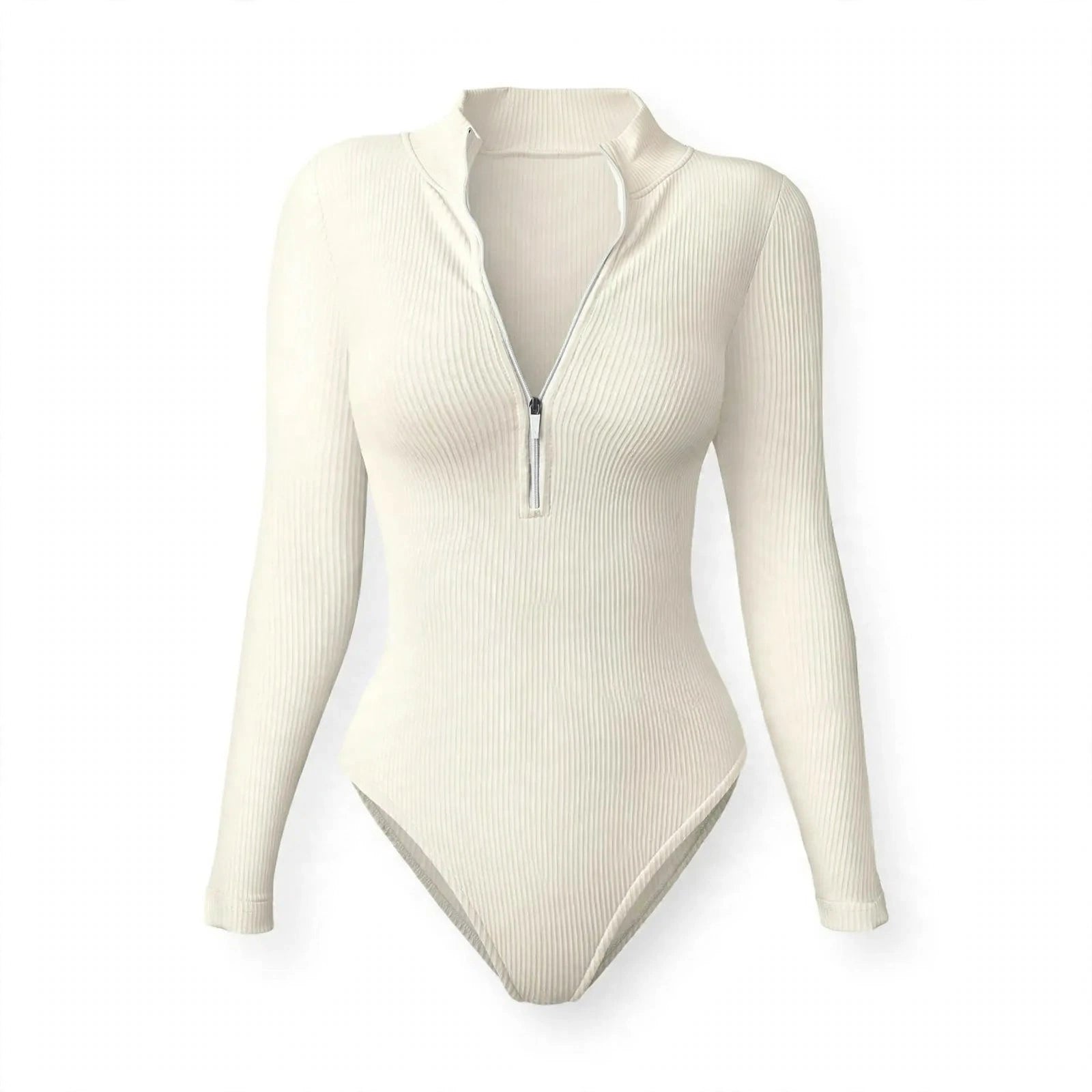 Lauren Ashby | Cream Ribbed Zip Long-Sleeve Bodysuit For Women