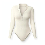 Lauren Ashby | Cream Ribbed Zip Long-Sleeve Bodysuit For Women