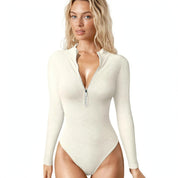 Lauren Ashby | Cream Ribbed Zip Long-Sleeve Bodysuit For Women