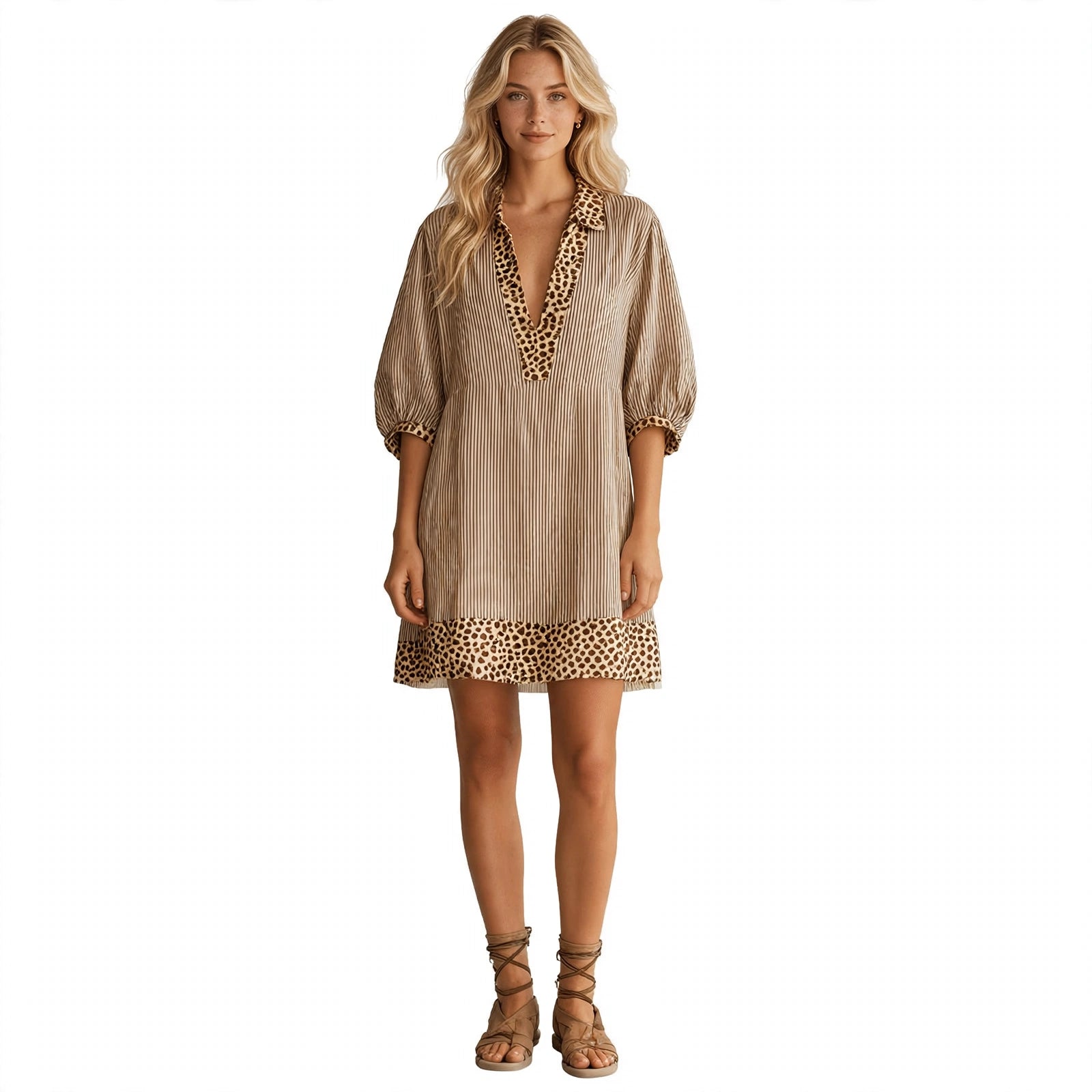 Lotte Brookwell | Brown Striped Leopard Trim Shirt Dress For Women