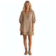 Lotte Brookwell | Brown Striped Leopard Trim Shirt Dress For Women