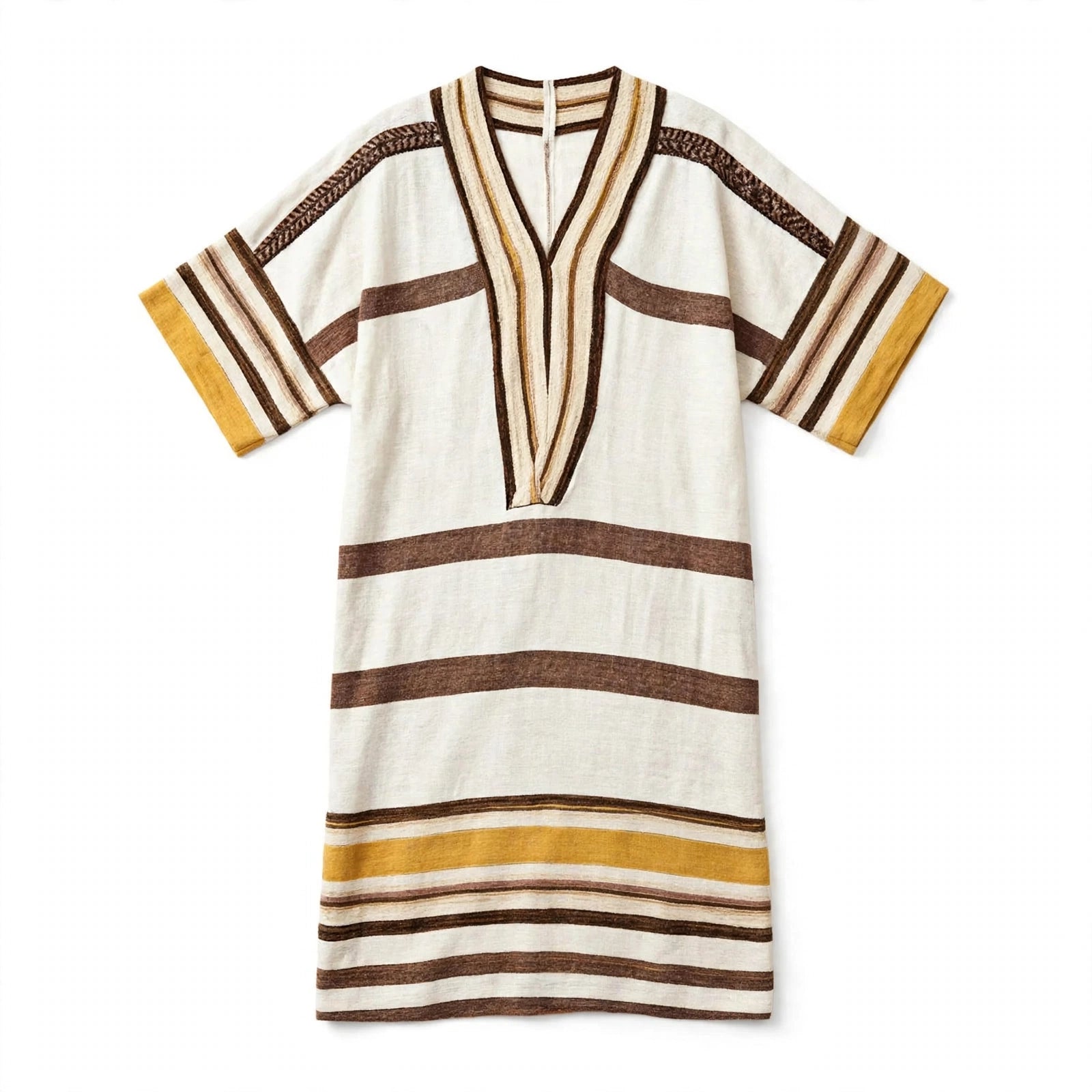 Saffron Whitham | Cream Brown Striped V-Neck Kaftan Dress For Women