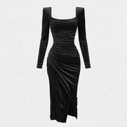 Gwyneth Edgcombe | Black Velvet Square Neck Formal Dress For Women