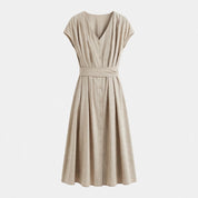 Gwen Windbridge | Khaki Pleated Tie Waist Midi Dress For Women