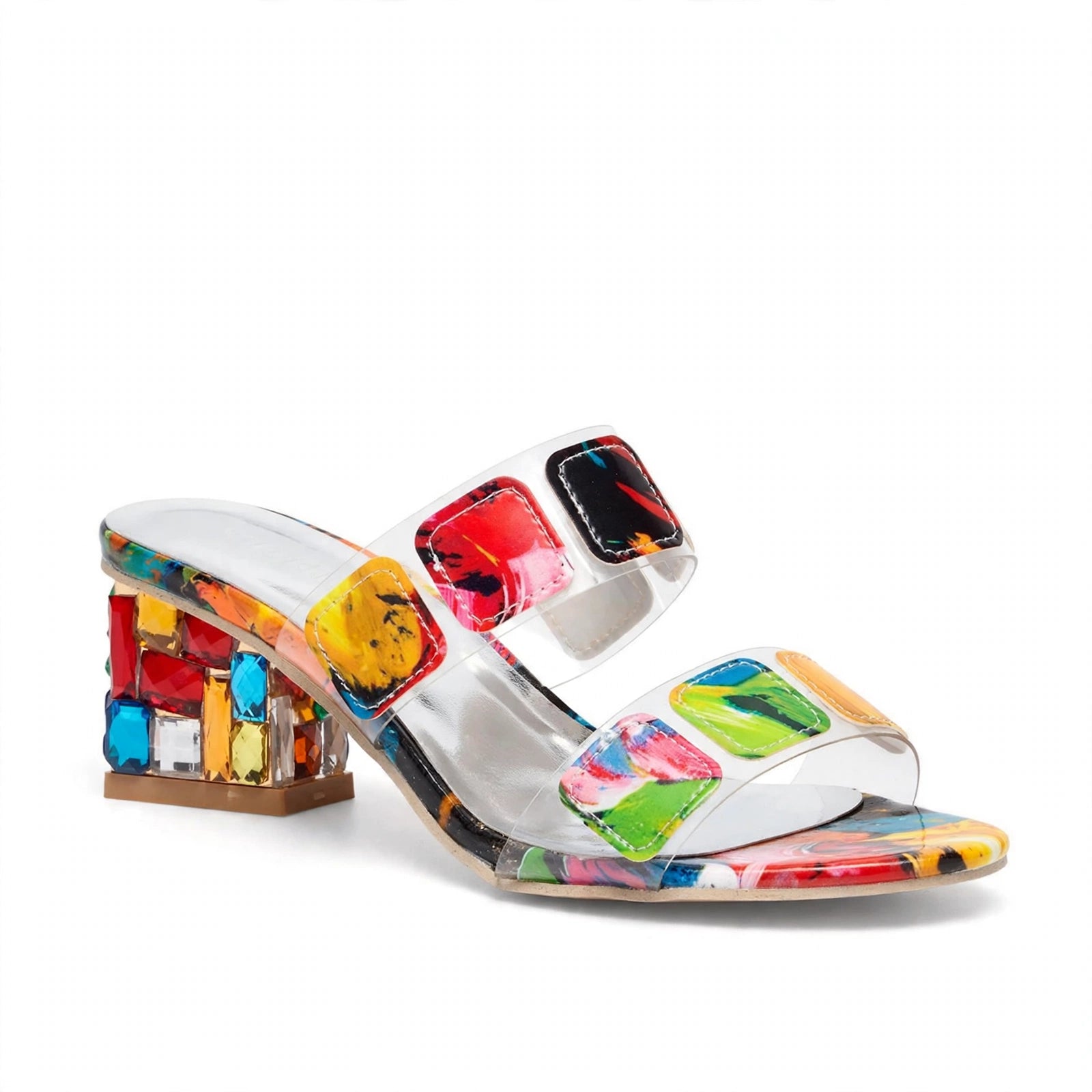 Rina Fairstone | Multicolour Patchwork Block Heel Sandals For Women