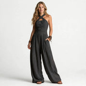 Cecilia Kelcombe | Charcoal Cross Halter Wide-Leg Jumpsuit For Women